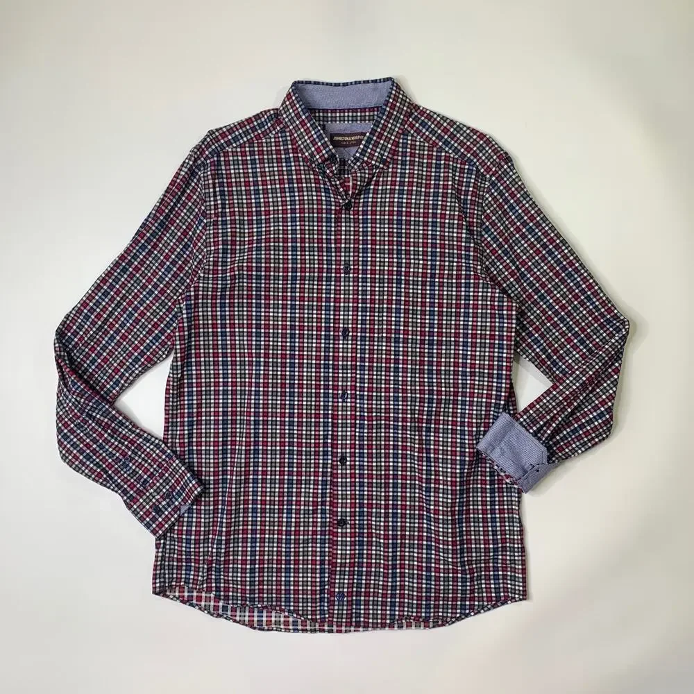 Johnston & Murphy Shirt Mens Medium Slim Flip Cuff Plaid Button Down Long Sleeve